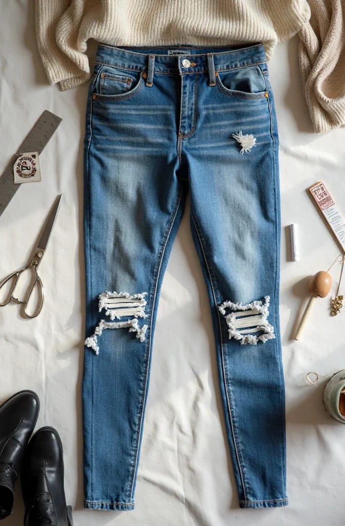 Distressed Jeans With Frayed Knee Slits Blue jeans with horizontal frayed knee slits and a small distressed patch, arranged on a light fabric surface with scissors, sewing tools, and a cream sweater nearby