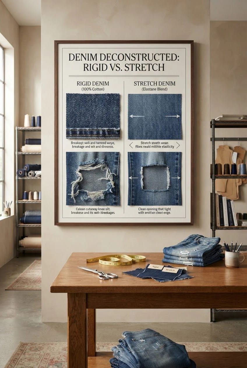 Distressed Jeans With Frayed Knee Slits Framed denim comparison chart showing rigid 100% cotton denim with a frayed knee slit versus stretch elastane-blend denim with a clean opening, above a worktable with jeans, fabric swatches, scissors, and measuring tape