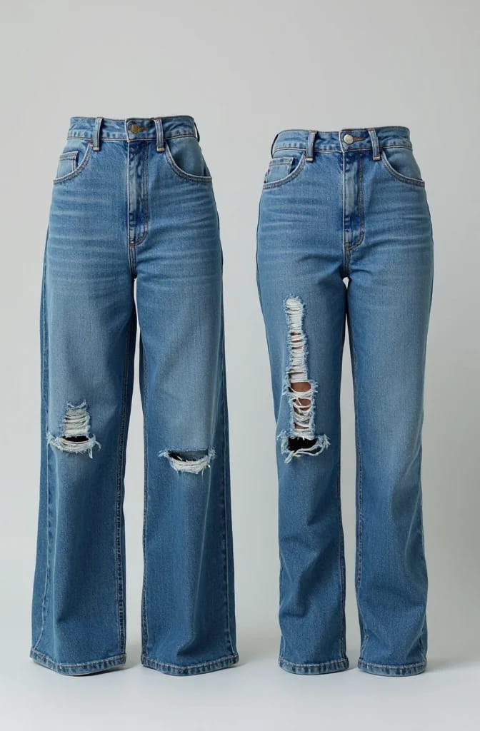 Distressed Jeans With Frayed Knee Slits Two pairs of light blue jeans stand side by side, showing distressed knee designs with frayed horizontal openings on the left pair and a longer ladder of narrow frayed slits on the right pair.