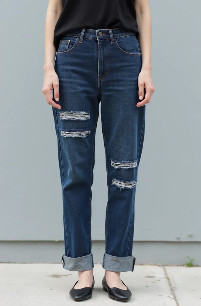 Distressed Jeans With Frayed Knee Slits Person wearing dark blue distressed jeans with multiple horizontal frayed knee slits, cuffed hems, a black top, and black flats