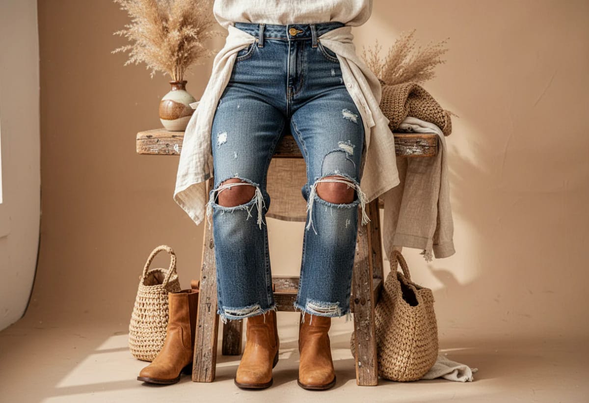 Distressed Jeans With Frayed Knee Slits: Ideas That Survive More Than One Wash 1 Cropped view of a person wearing blue distressed jeans with large frayed knee slits, frayed hems, a light shirt, and brown boots while seated on a rustic wooden ladder.