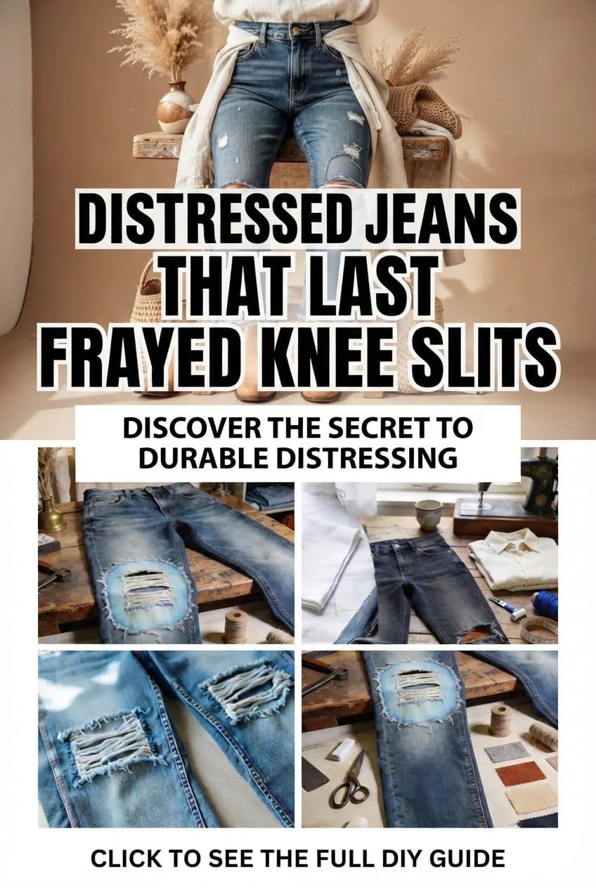 Distressed Jeans With Frayed Knee Slits Collage showing a person wearing distressed blue jeans with frayed knee slits, along with close-up images of jeans being cut and distressed using sewing tools and fabric patches