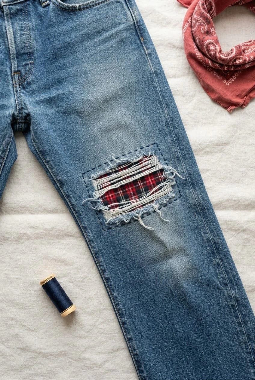 Distressed Jeans With Frayed Tartan Knee Slit Blue jeans with a frayed knee slit revealing red tartan fabric, arranged beside a red patterned bandana and a spool of dark thread for a distressed jeans customization idea