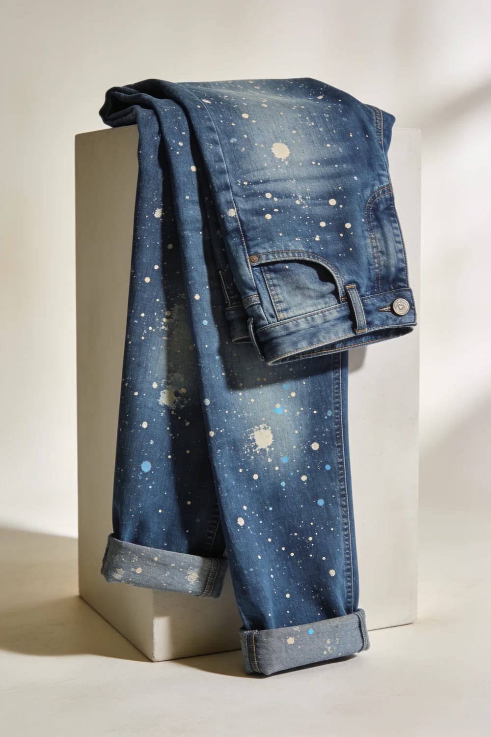 Fine Freckle Splatter Bleach Jeans Blue jeans draped over a white rectangular pedestal, covered in deliberate fine white and blue bleach splatter with rolled cuffs and visible pockets, illustrating bleach splatter jeans styling