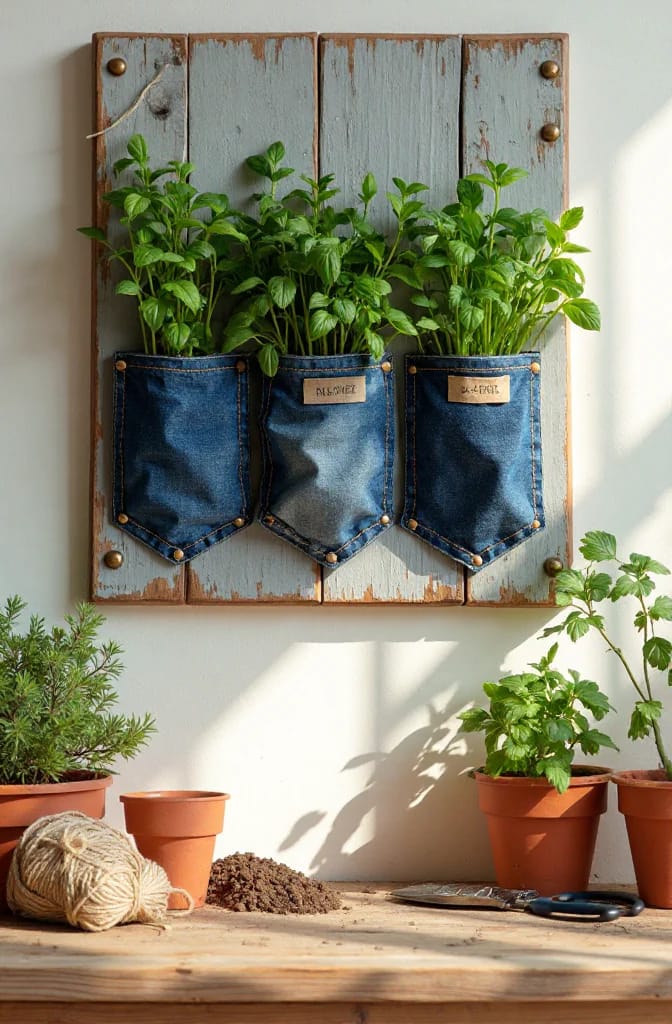 Five-Pocket Herb Strip Jean Planter Five blue denim pockets mounted on a weathered reclaimed board hold leafy green herbs in a hanging jean pocket planter.