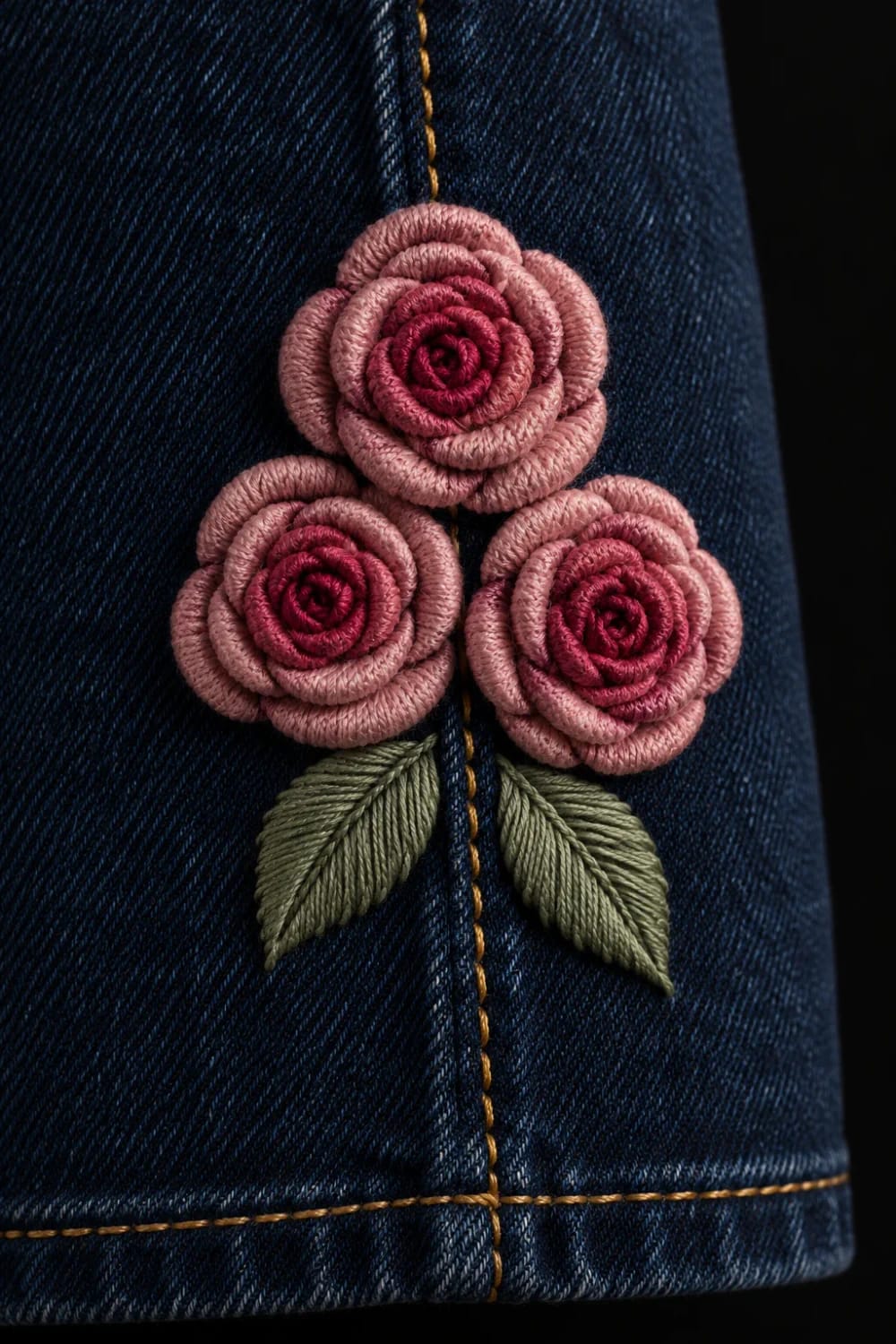 Floral Embroidered Hem Jeans Detail Close-up of dark denim jeans featuring three raised pink embroidered roses with green leaves above the stitched hem, illustrating floral embroidered hem jeans texture
