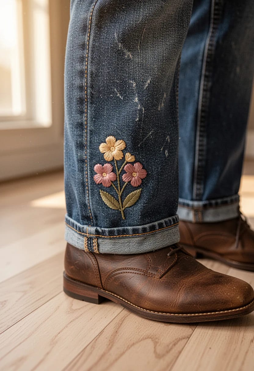Floral Embroidered Hem Jeans Ideas Close-up of dark cuffed jeans with a pink and golden floral embroidery placed above the hem, paired with brown leather shoes.