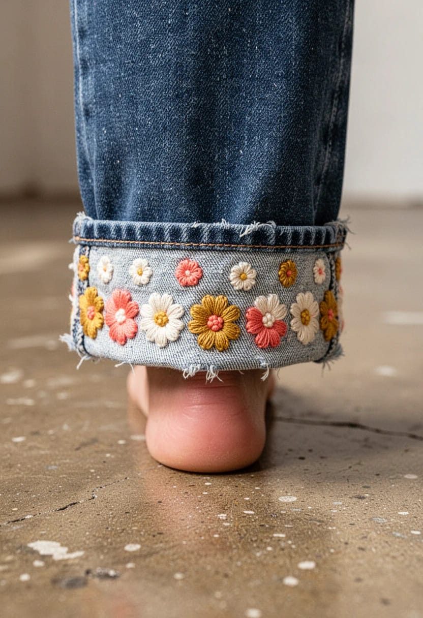 Floral Embroidered Hem Jeans Ideas Close-up of a rolled denim jeans hem decorated with rows of colorful embroidered flowers above a bare foot