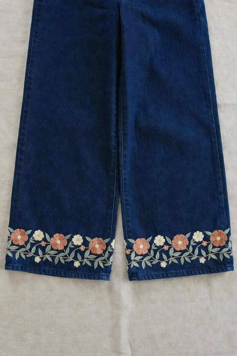 Floral Embroidered Hem Jeans Ideas Dark blue jeans laid flat with embroidered floral vines, leaves, and peach and cream flowers decorating both hems
