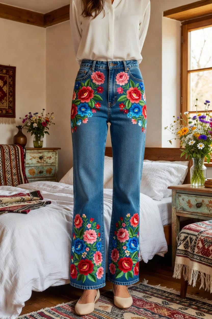 Floral Embroidered Hem Jeans Ideas Person wearing blue jeans with colorful floral embroidery across the upper legs and lower hems, illustrating floral embroidered hem jeans ideas with bold motifs and colors visible from across a room