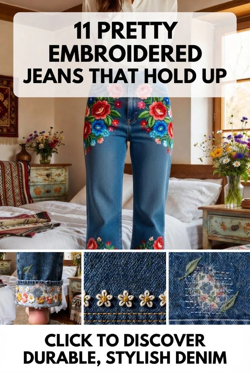 Floral Embroidered Hem Jeans Ideas Person wearing blue jeans with colorful floral embroidery on the upper legs and floral embroidered hems, shown with close-up detail panels for floral embroidered hem jeans