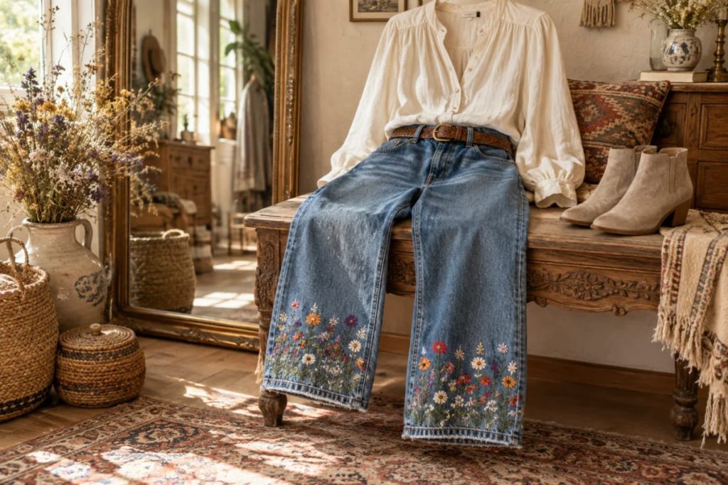 Sustainability Success 9 Blue floral embroidered hem jeans paired with a white blouse, brown belt, and beige ankle boots in a warmly decorated room