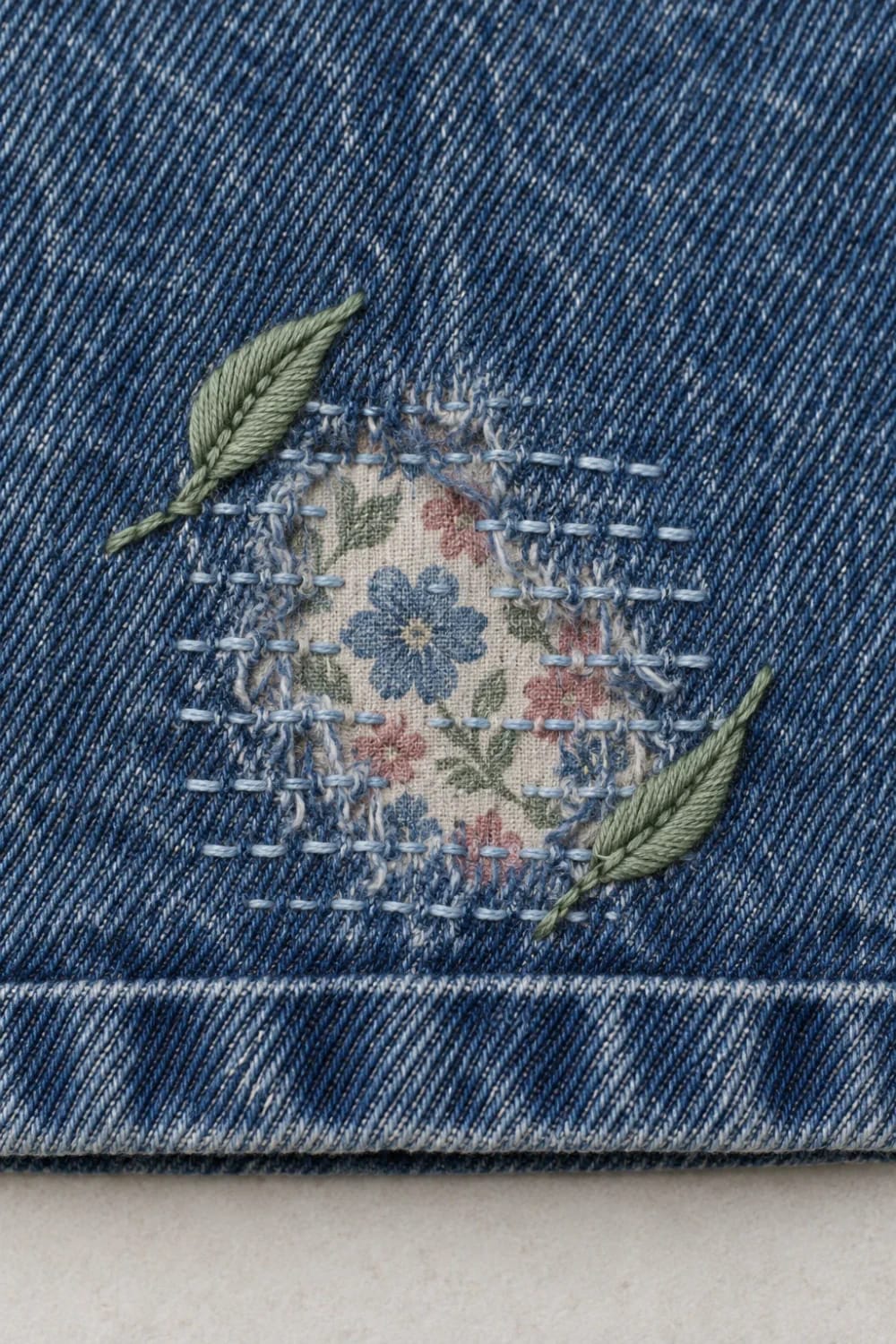 Floral Embroidered Hem Jeans Repair Close-up of blue denim with a frayed hem repaired using visible blue stitching, a floral fabric patch, and green embroidered leaves