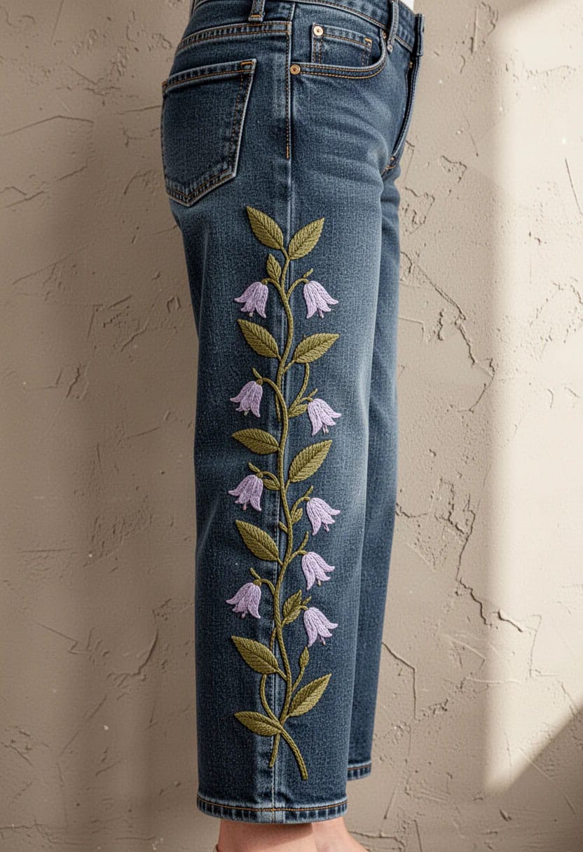 Floral Embroidered Hem Jeans Side Placement Side view of blue jeans featuring a vertical embroidered floral vine with green leaves and pink bell-shaped flowers from the hip to the lower hem, showing where the flowers sit on the jeans