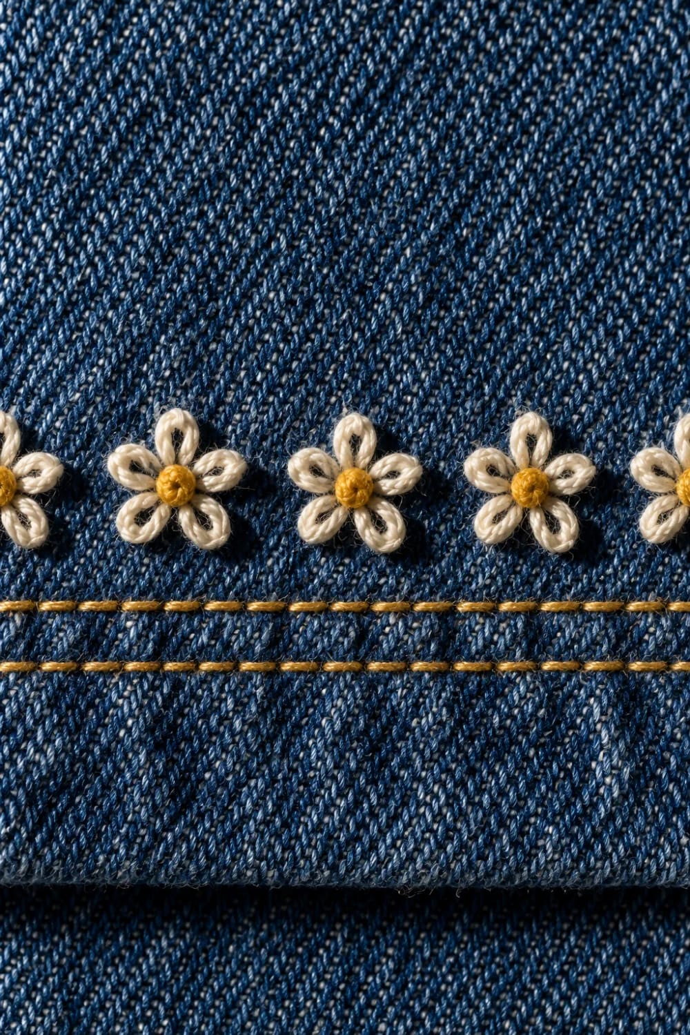 Floral Embroidered Hem Jeans Texture Close-up of dark blue denim featuring a row of cream embroidered flowers with golden centers above two horizontal golden stitch lines, illustrating floral embroidered hem jeans texture.