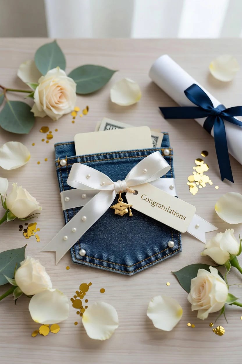 Graduation Jean Pocket Gift Card Holder A decorated denim jean pocket holds a blank card and folded cash, tied with a white pearl-studded ribbon and Congratulations tag, surrounded by white roses, greenery, gold confetti, and a rolled diploma.