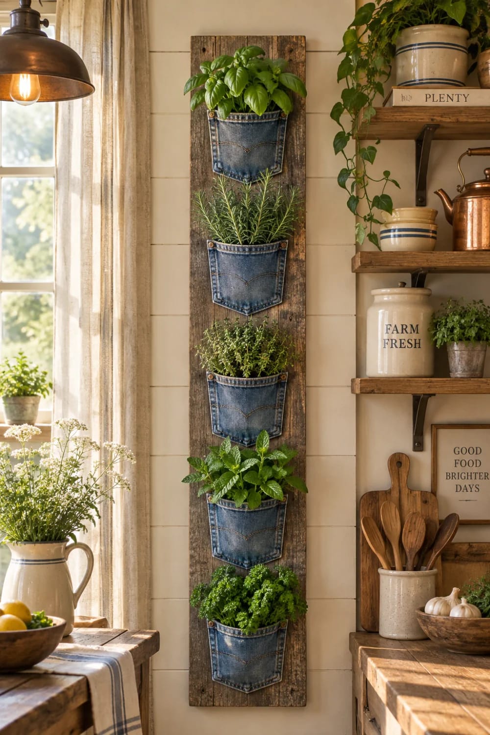 Hanging Jean Pocket Herb Planter Five denim jean pockets mounted vertically on a reclaimed wooden board, each holding a leafy herb plant in a kitchen.