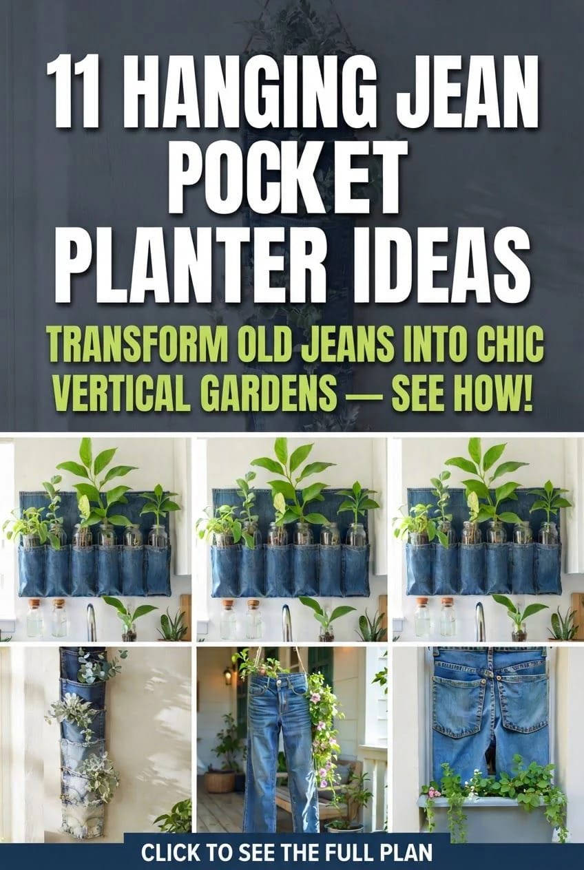 Hanging Jean Pocket Planter Ideas Graphic showing several hanging jean pocket planter ideas, including denim pockets and full jeans repurposed as vertical planters filled with green plants