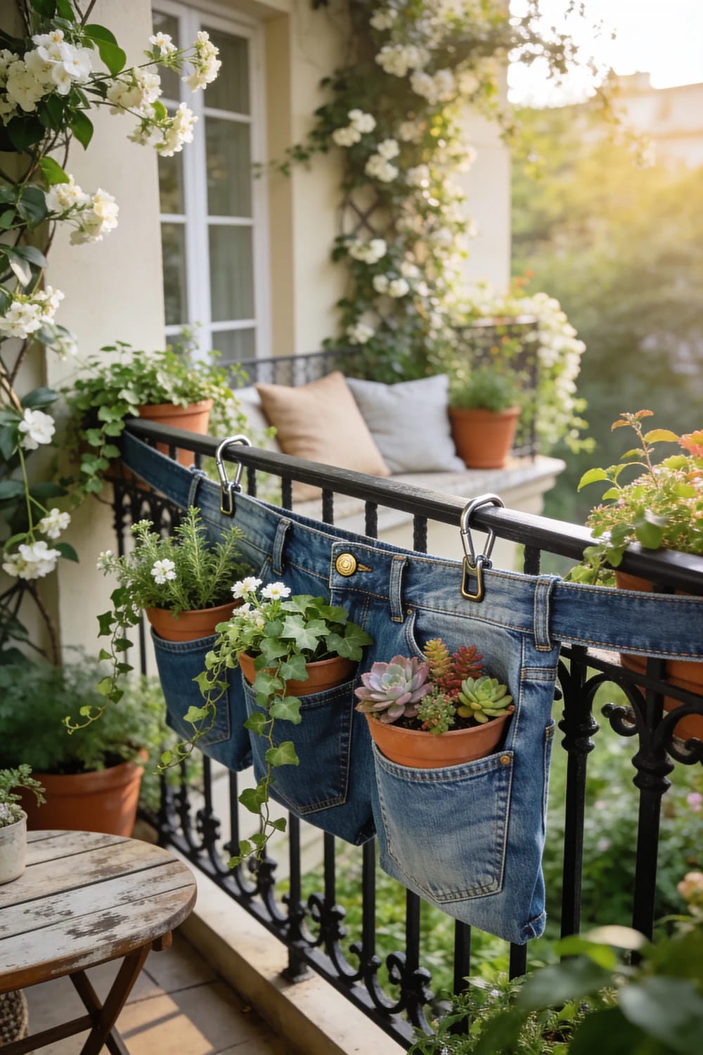 Hanging Jean Pocket Planter On Balcony Rail Denim jeans pockets hang from a balcony railing with metal clips, holding terracotta pots of flowers, trailing greenery, herbs, and succulents in a hanging jean pocket planter setup