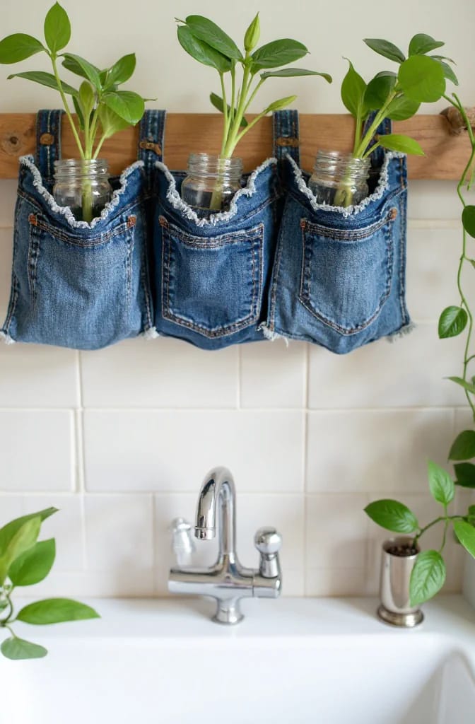 Hanging Jean Pocket Planter Over Kitchen Sink Three denim jean pocket planters hang above a kitchen sink, each holding a glass jar with green plant cuttings for propagation.