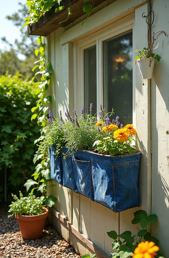 Hanging Jean Pocket Planter Over Window Box A blue denim pocket planter filled with purple and orange flowers hangs over a window box on an exterior wall beside a window, illustrating a jean pocket planter facade.