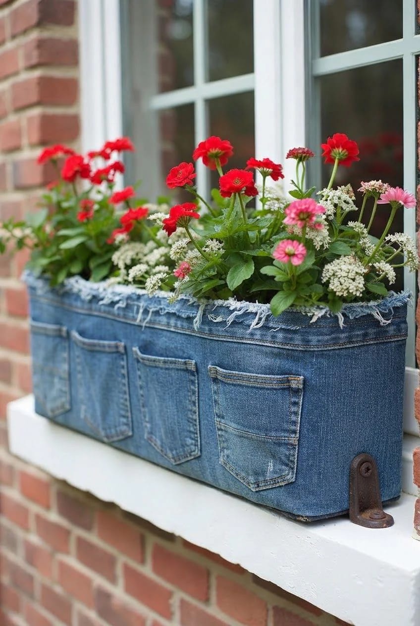 Hanging Jean Pocket Planter Window Box A denim pocket facade covers a window box on a brick windowsill, filled with red, pink, and white flowers beside a white-paned window.