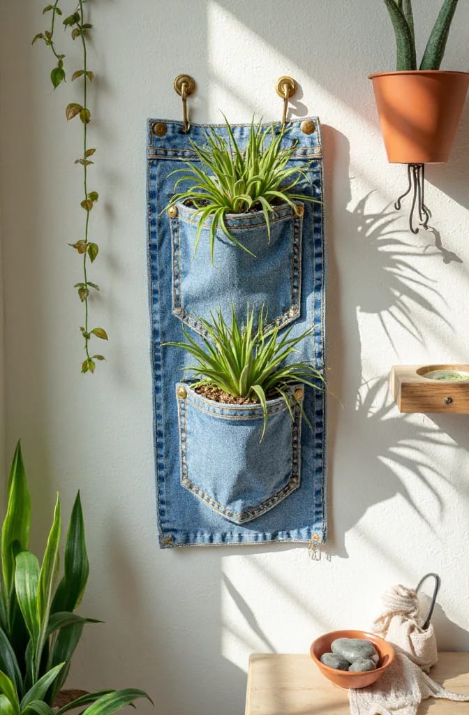 Hanging Jean Pocket Planter With Air Plants A vertical denim wall planter with two pockets holding spiky green air plants, mounted on a sunlit white wall beside other houseplants.
