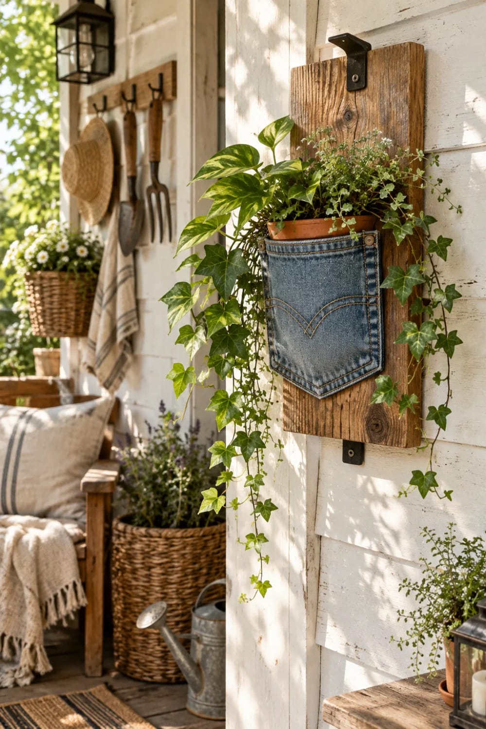 Hanging Jean Pocket Planter With Cedar Backing A denim jean back pocket mounted on a rustic cedar board holds a terracotta nursery pot with leafy green plants and trailing ivy on a white exterior wall, illustrating a hanging jean pocket planter idea