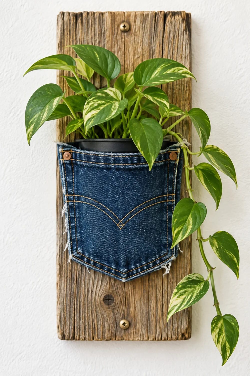 Hanging Jean Pocket Planter With Pothos A denim jean pocket mounted on a weathered wooden board holds a black nursery pot filled with a trailing variegated pothos plant, creating a hanging jean pocket planter