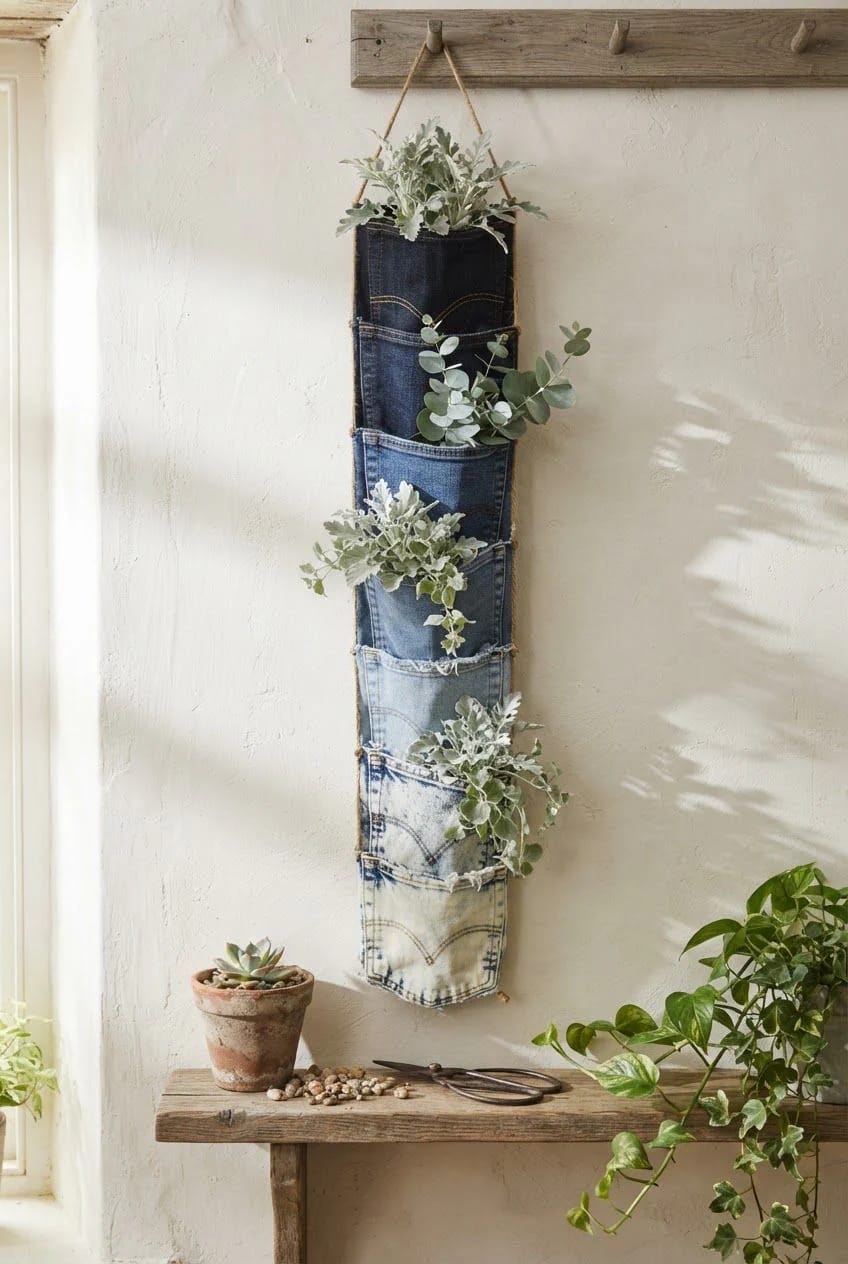Hanging Jean Pocket Planter With Silver Foliage Vertical hanging jean pocket planter made from layered denim pockets, filled with silver-leaved plants and mounted beneath a wooden peg rail.