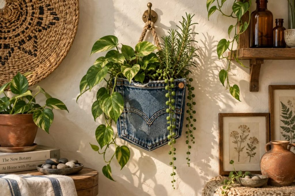 A denim jean pocket hangs from a wall hook as a hanging jean pocket planter filled with leafy pothos, rosemary, and trailing string-of-pearls plants