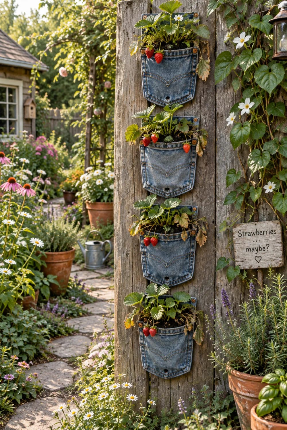 Hanging Jean Pocket Strawberry Planters A vertical row of denim jean pockets mounted on a wooden fence, each holding strawberry plants with red fruit; a nearby sign reads “Strawberries … maybe?” in a garden setting
