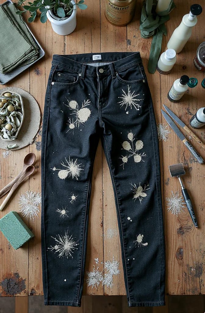 Intentional Bleach Splatter Design On Black Jeans Black jeans laid flat on a wooden worktable with deliberate white splatter patterns and starburst designs across the legs, illustrating bleach splatter jeans that look intentional rather than ruined.