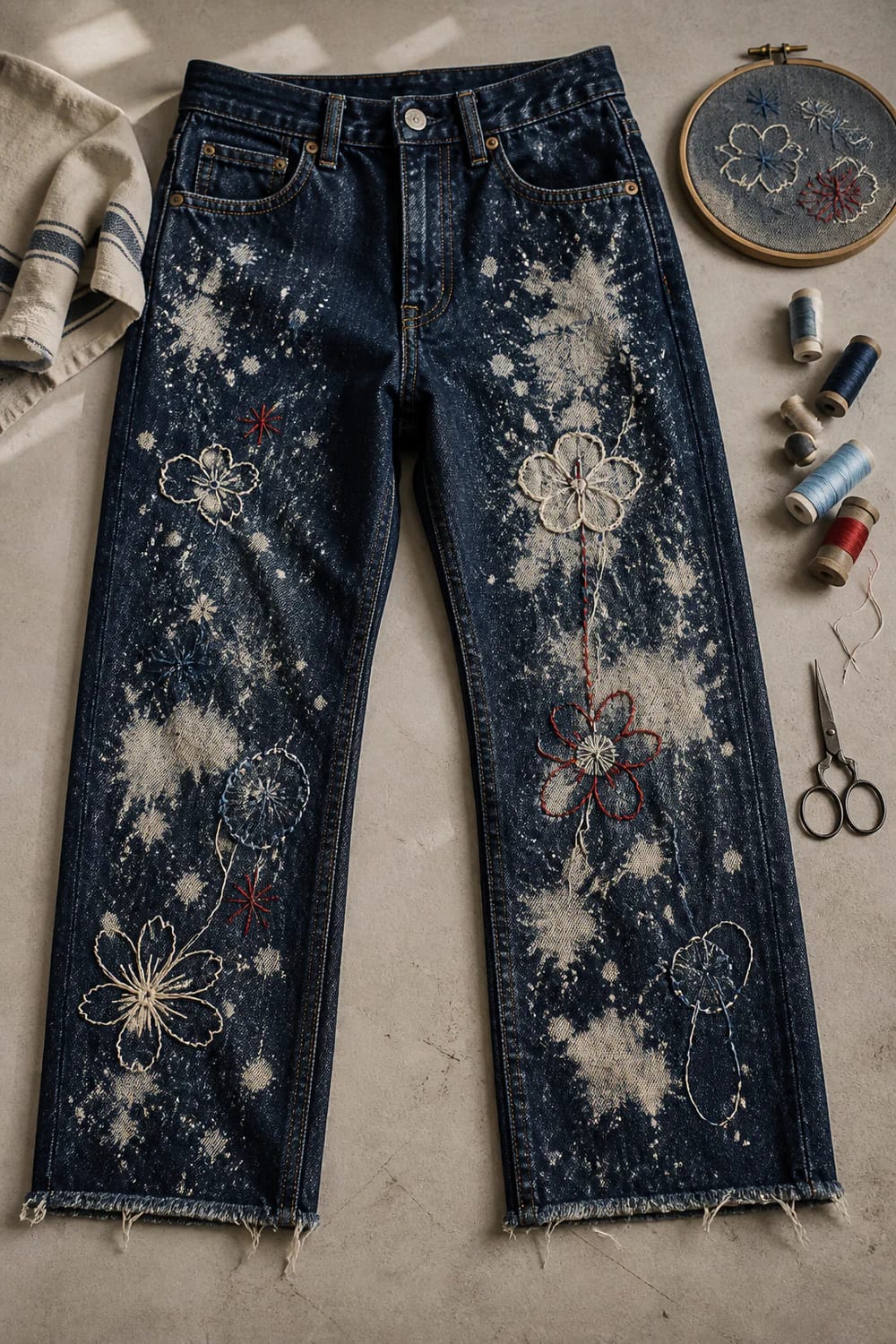 Intentional Bleach Splatter Jeans With Floral Embroidery Dark blue jeans with deliberate-looking cream bleach splatters, embroidered floral designs in cream, red, and blue thread, frayed hems, and sewing supplies arranged nearby for a bleach splatter jeans embroidery project