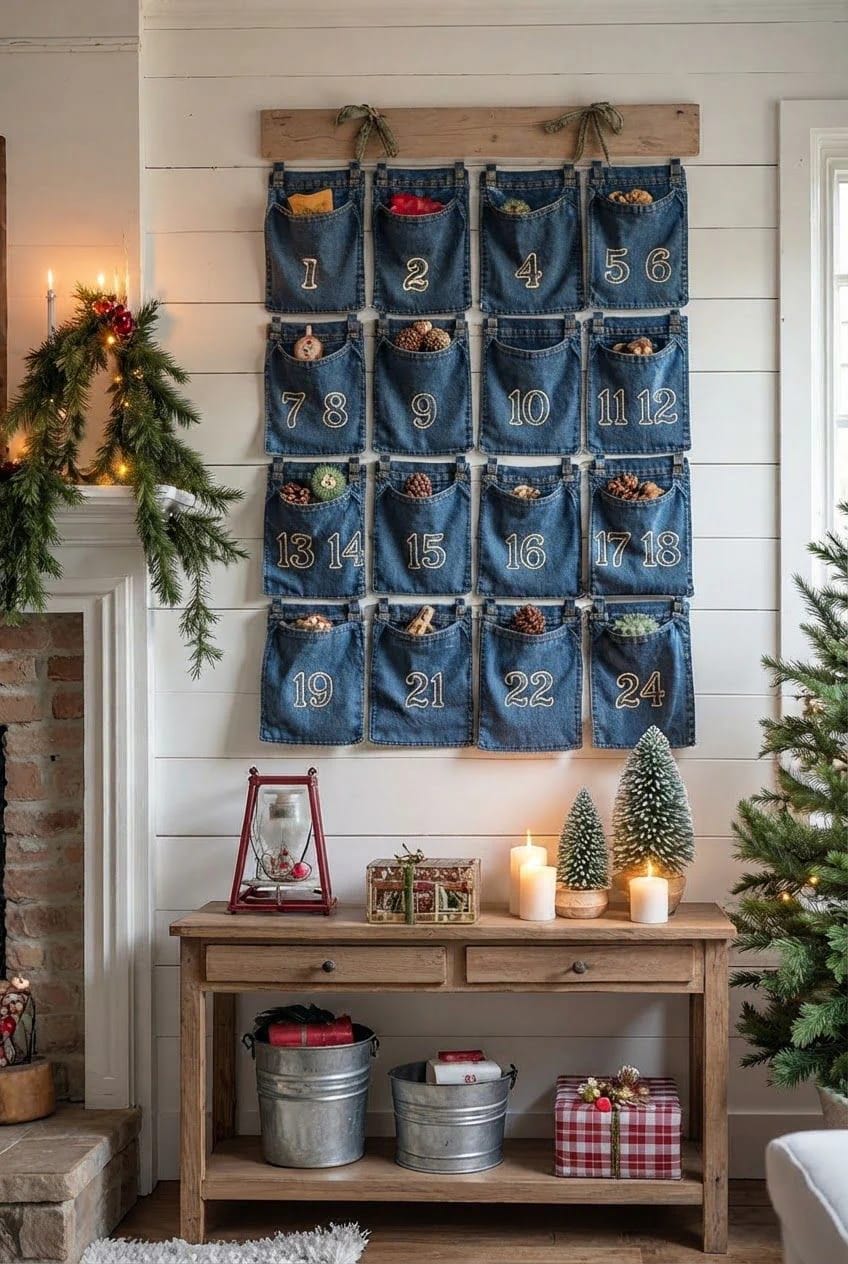 Jean Pocket Christmas Countdown Calendar A Christmas countdown made from numbered denim jean pockets hangs in four rows on a wooden board, with small decorations tucked inside the pockets and festive greenery nearby
