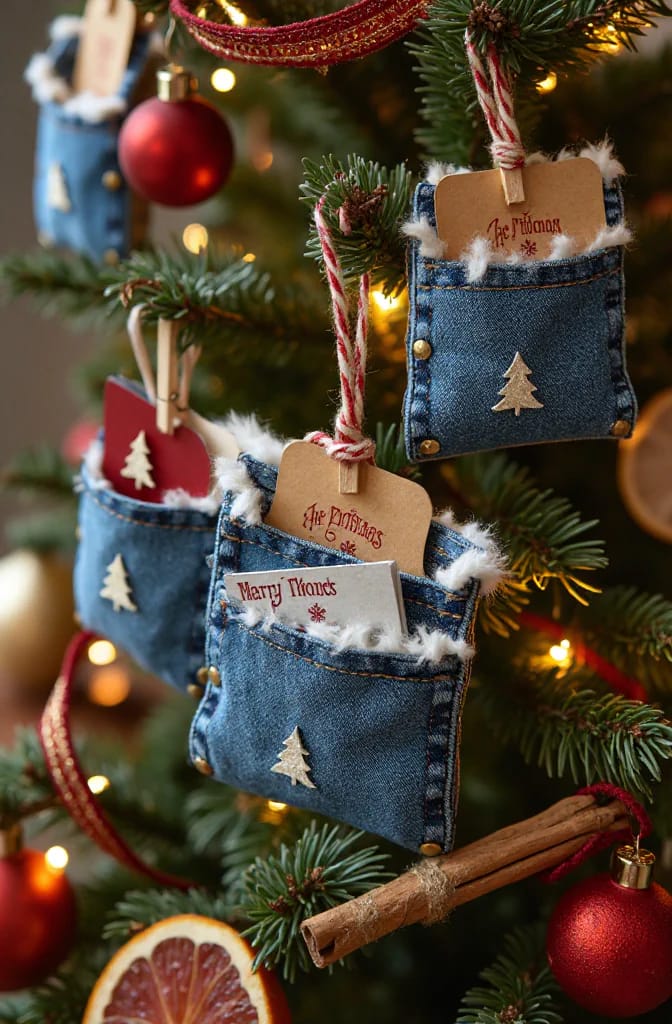 Jean Pocket Christmas Gift Card Ornaments Three denim jean pocket ornaments hang on a decorated Christmas tree, each holding a kraft gift tag and holiday card, with evergreen branches, red baubles, ribbon, cinnamon sticks, and dried citrus visible around them.