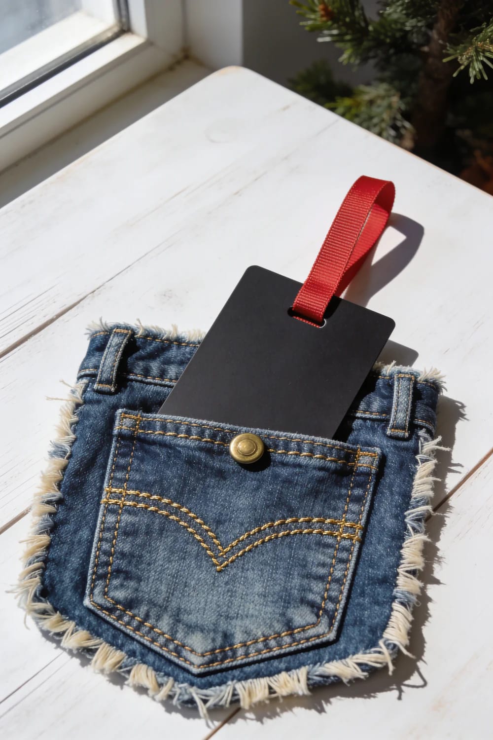 Jean Pocket Christmas Ornament Gift Card Holder A fringed blue jean pocket ornament with a red hanging loop and black card tucked inside, shown on a white table beside a Christmas tree for a gift card pocket ornament idea