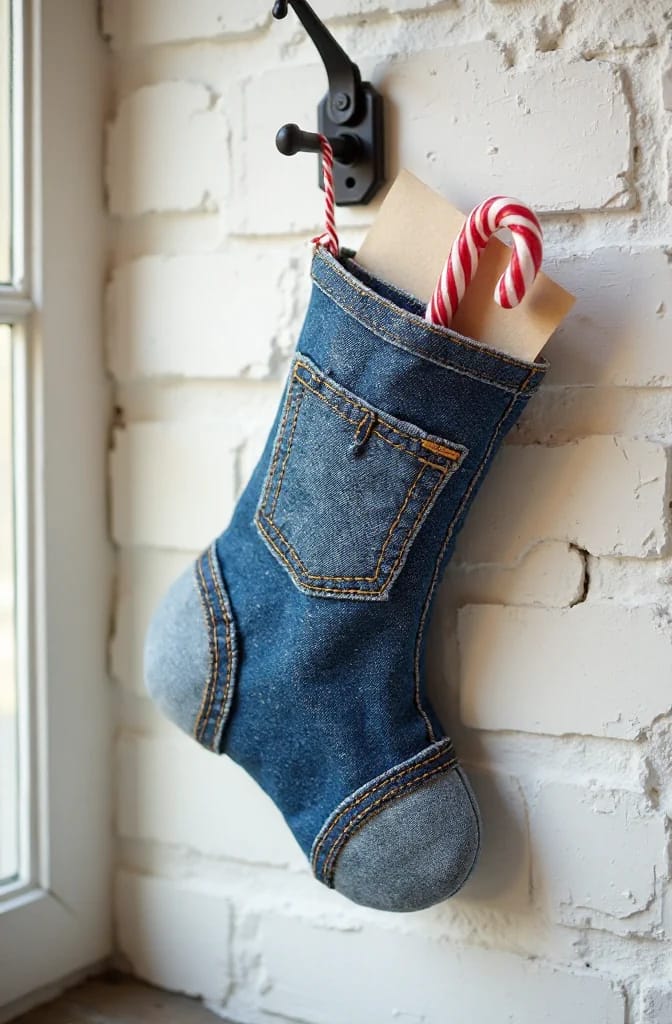 Jean Pocket Christmas Ornament Stocking A denim Christmas stocking hangs from a wall hook, with its jean pocket serving as the cuff and holding a candy cane and kraft paper tag.