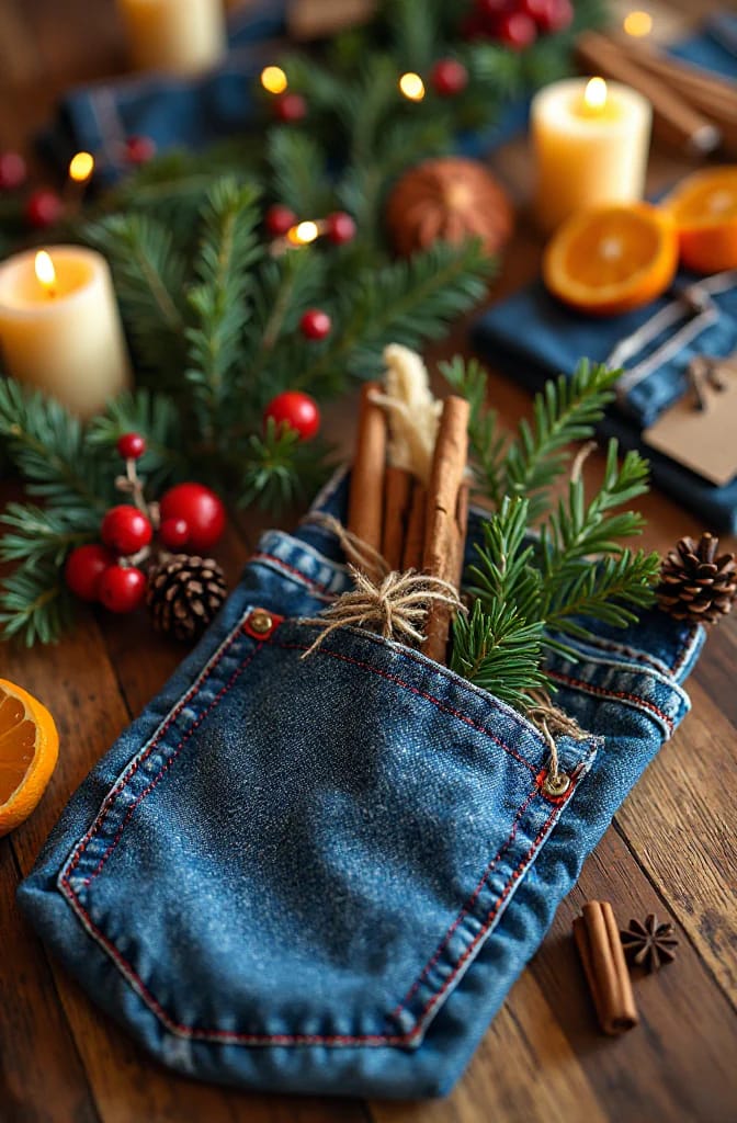 Jean Pocket Christmas Ornament With Cedar And Cinnamon A denim jean pocket ornament on a wooden table holds cedar sprigs and cinnamon sticks, surrounded by pine branches, red berries, pinecones, orange slices, and lit candles for a Christmas display.