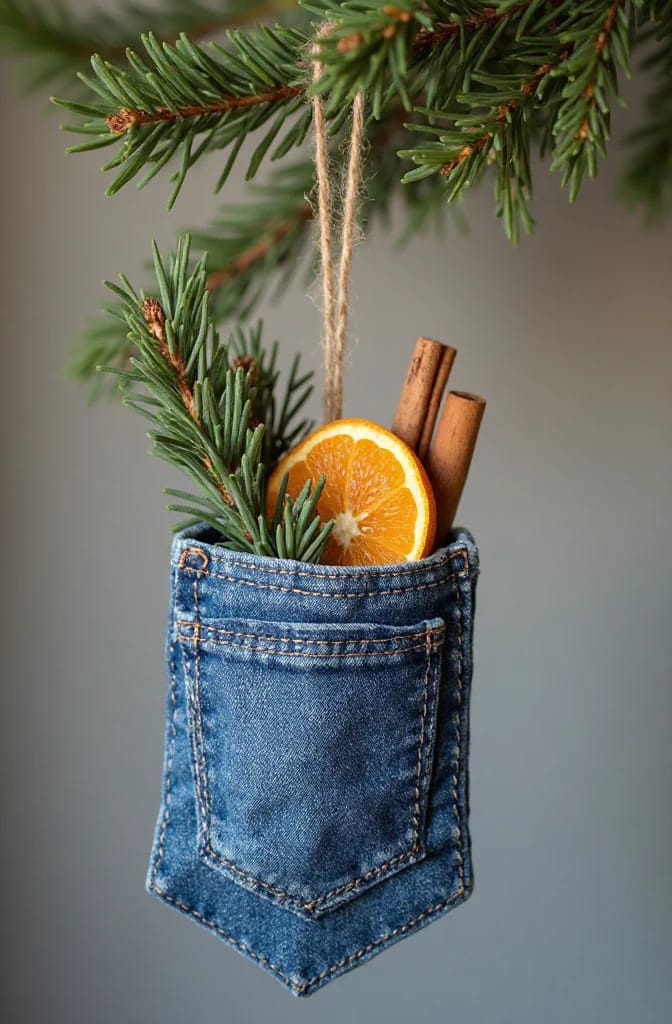Jean Pocket Christmas Ornament With Cedar And Cinnamon A denim jean pocket ornament hangs from a tree branch, holding evergreen cedar sprigs, cinnamon sticks, and a dried orange slice for a Christmas decoration.