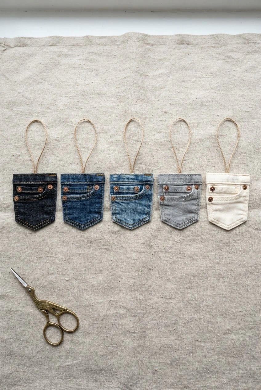 Jean Pocket Christmas Ornaments In Five Denim Shades Five jean pocket Christmas ornaments in dark blue, blue, light blue, gray, and white denim hang from loops on fabric, with scissors nearby.