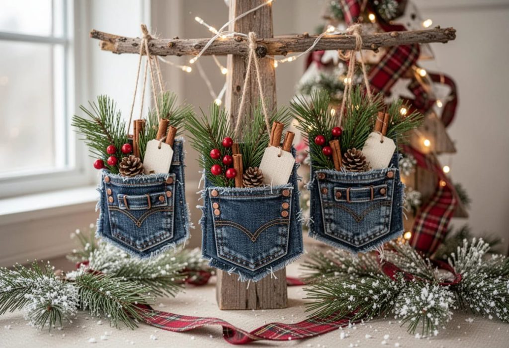 Sustainability Success 9 Three denim jean pocket Christmas ornaments hang from a rustic wooden crossbar, each filled with evergreen sprigs, red berries, pinecones, cinnamon sticks, and a small blank gift tag, surrounded by snowy pine branches and warm string lights.