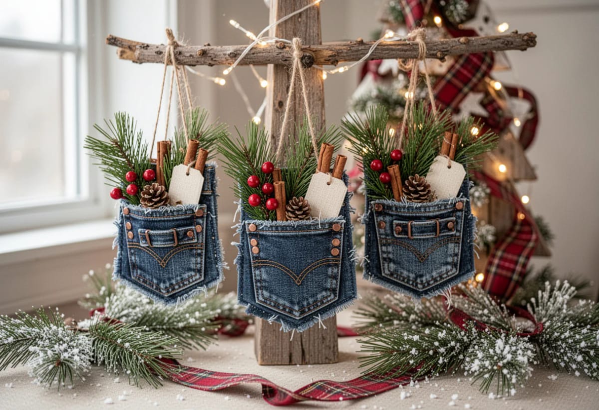 Jean Pocket Christmas Ornaments That Use the Pocket, Not Just the Denim 1 Three denim jean pocket Christmas ornaments hang from a rustic wooden crossbar, each filled with evergreen sprigs, red berries, pinecones, cinnamon sticks, and a small blank gift tag, surrounded by snowy pine branches and warm string lights.