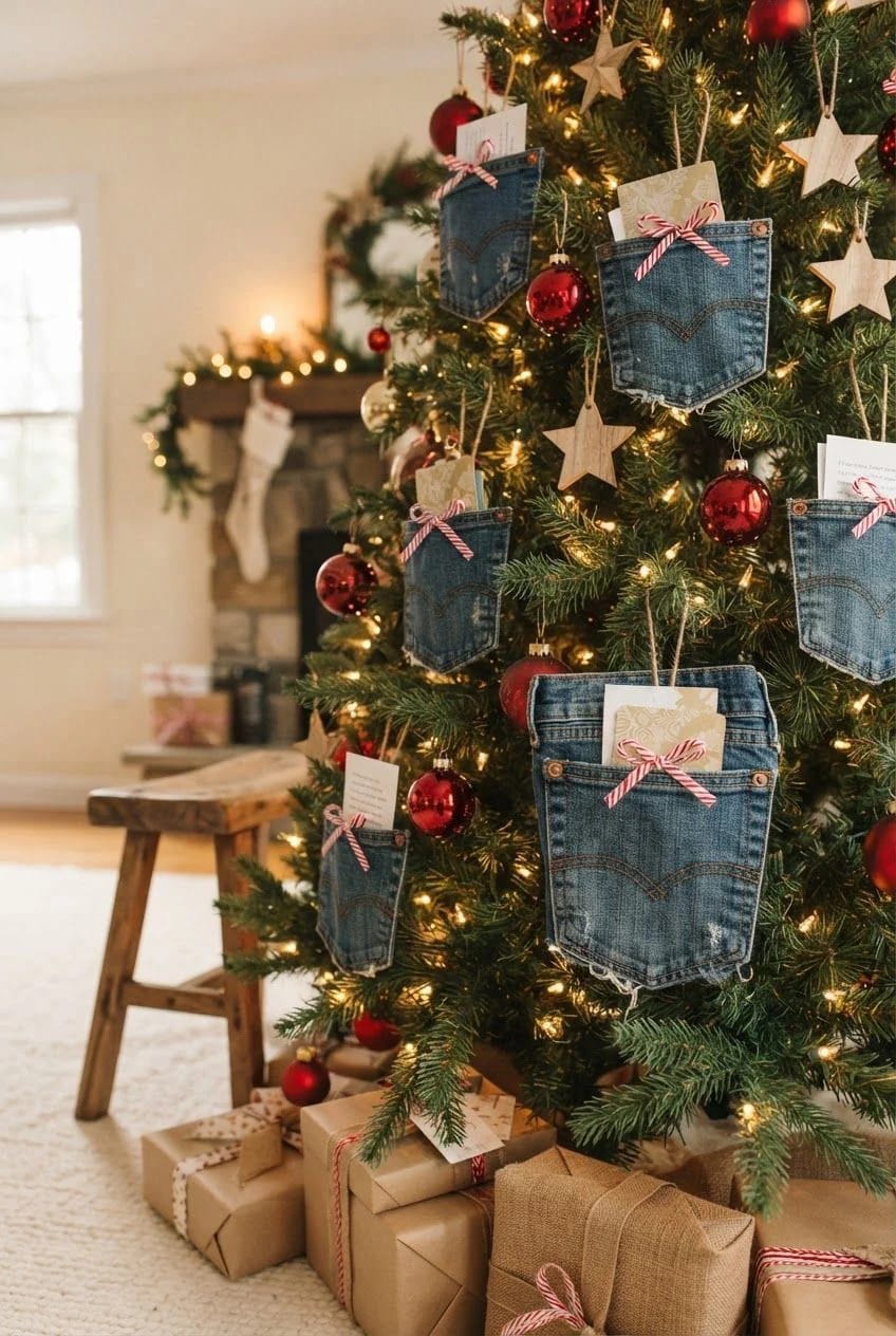 Jean Pocket Christmas Ornaments With Gift Cards Christmas tree decorated with several denim jean pocket ornaments, each holding a card and tied with a red-and-white striped ribbon, surrounded by red baubles, wooden stars, lights, and wrapped gifts