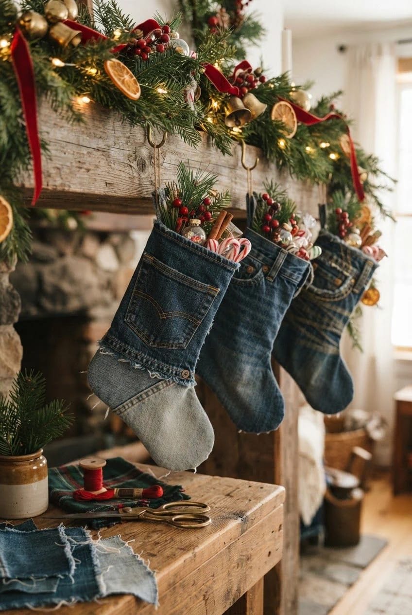 Jean Pocket Christmas Ornaments With Mini Stockings Three denim mini stockings hang from a garland-covered mantel, filled with evergreen sprigs, red berries, cinnamon sticks, and candy canes; each uses a jean pocket as the cuff for a Christmas ornament display.