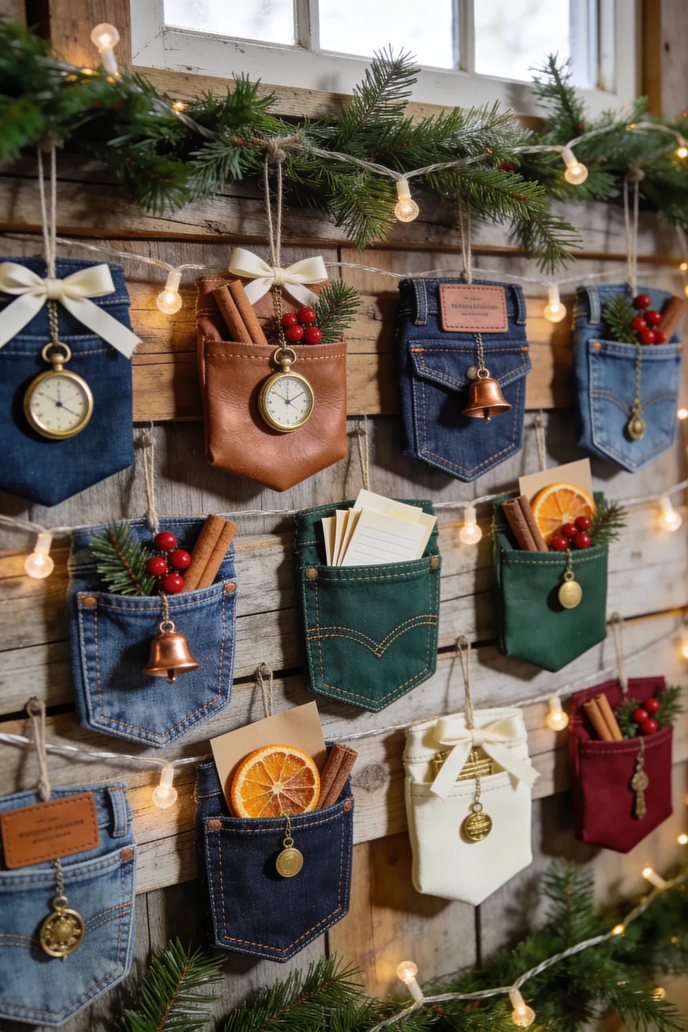 Jean Pocket Christmas Ornaments With Miniatures Hanging jean pocket Christmas ornaments arranged on a rustic wooden wall, decorated with bows, clock charms, bells, greenery, berries, cinnamon sticks, dried orange slices, and small cards.