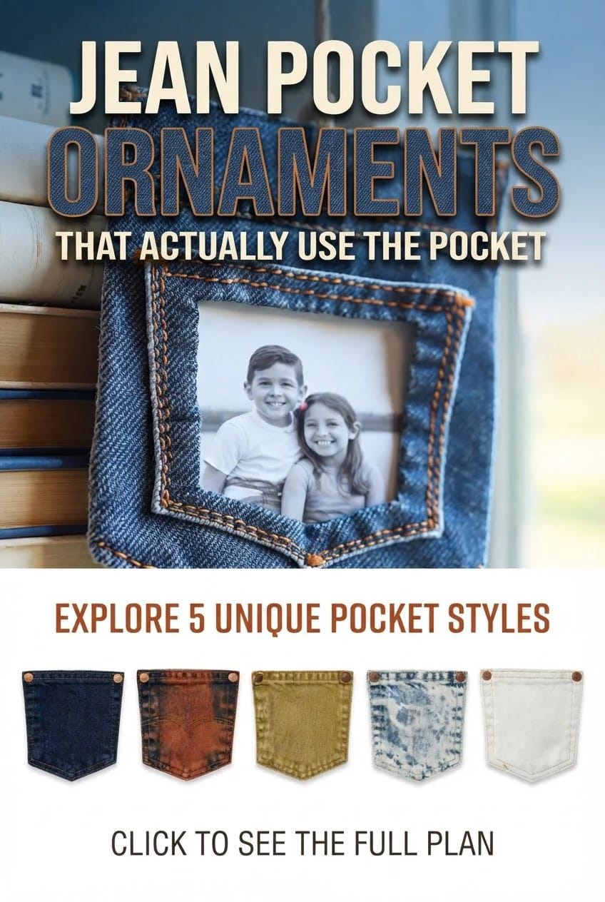 Jean Pocket Christmas Ornaments With Photo Promotional graphic for jean pocket Christmas ornaments showing a denim pocket used as a photo frame with a picture of two children, five additional pocket styles below, and text inviting viewers to explore the full plan.