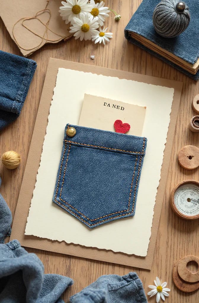 Jean Pocket Gift Card Holder Greeting Card A greeting card with a blue jean pocket glued to the front, holding a cream card with a red heart and surrounded by sewing materials and daisies.
