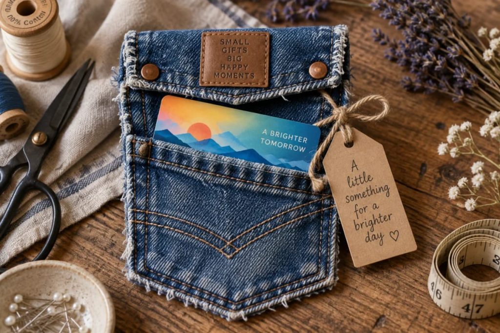 Sustainability Success 9 A blue denim jean pocket gift card holder displays a colorful gift card and a kraft paper tag reading “A little something for a brighter day,” surrounded by sewing supplies and dried flowers.