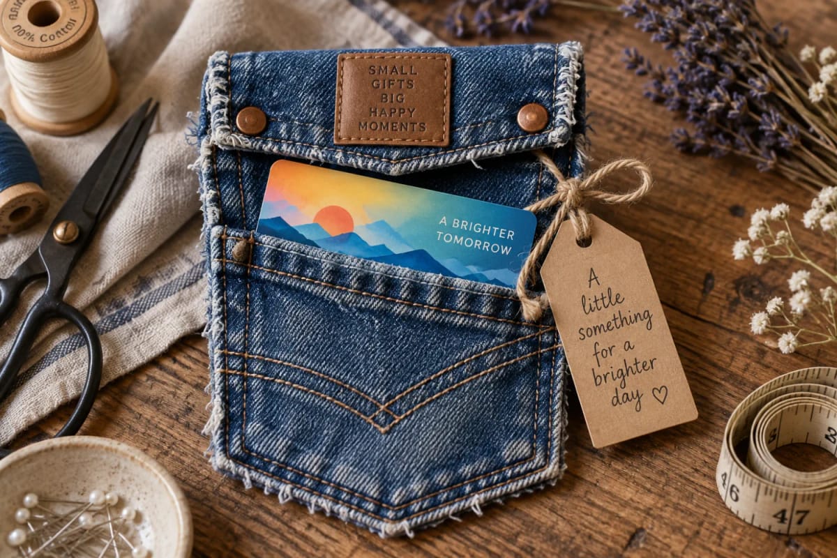 13 Jean Pocket Gift Card Holder Ideas That Beat the Paper Sleeve 1 A blue denim jean pocket gift card holder displays a colorful gift card and a kraft paper tag reading “A little something for a brighter day,” surrounded by sewing supplies and dried flowers.